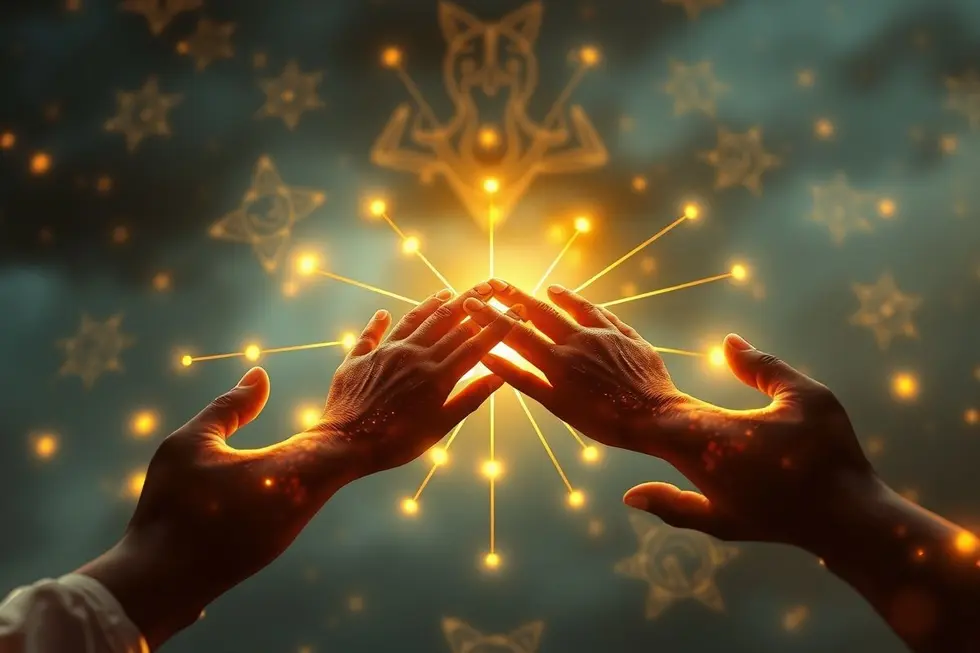 Mãos humanas conectadas formando rede luminosa, simbolizando altruísmo invisível e espiritualidade.