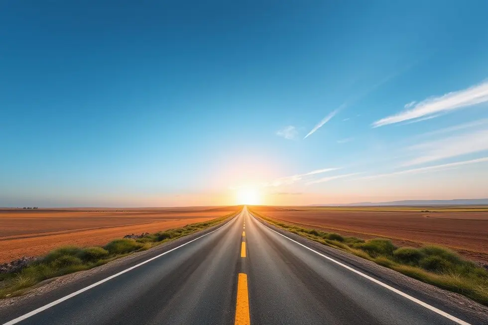Uma estrada aberta levando a horizontes iluminados, simbolizando novas oportunidades.