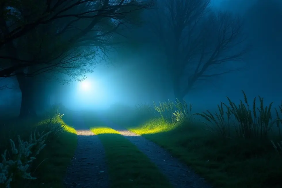 Caminho iluminado por luz suave, simbolizando a jornada espiritual.