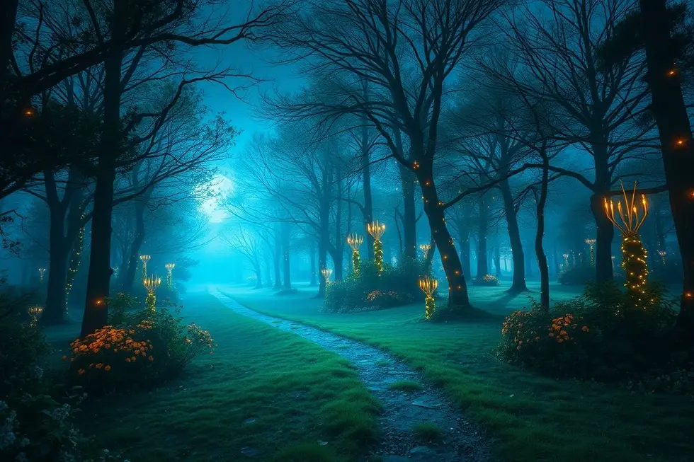Um caminho levando a uma floresta mágica iluminada por luzes.