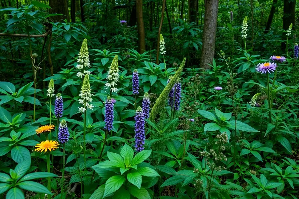 Floresta exuberante com plantas medicinais.