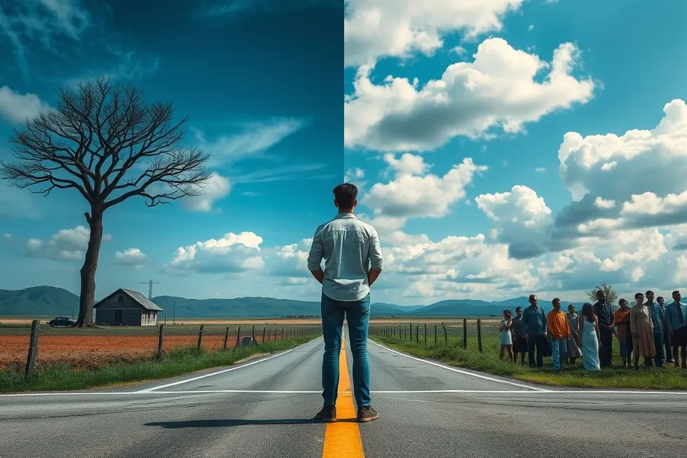 Pessoa em um cruzamento refletindo sobre altruísmo e egoísmo.