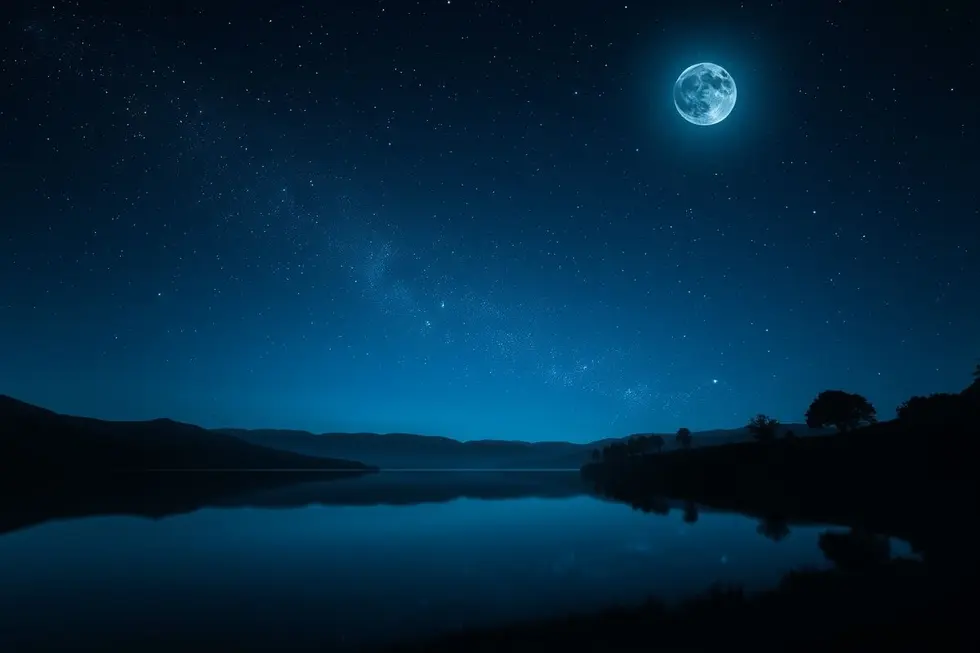 Paisagem mística com reflexos de estrelas em um corpo d'água.