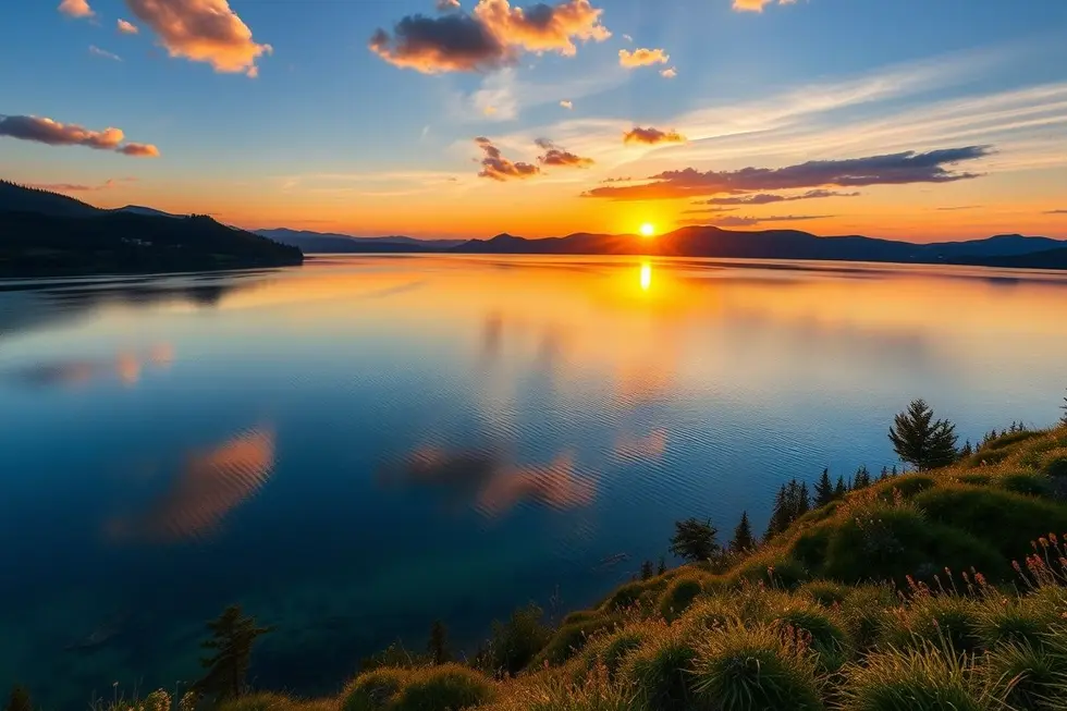 Um pôr do sol sobre um lago sereno, simbolizando o despertamento espiritual.
