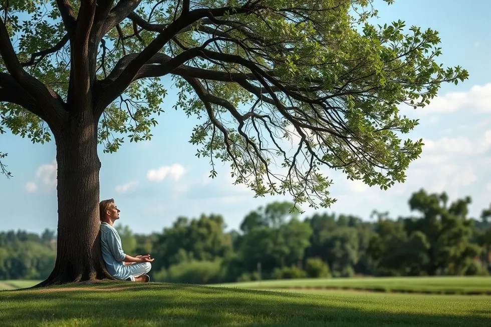 Um praticante meditando tranquilamente para promover a reflexão e o não julgamento.