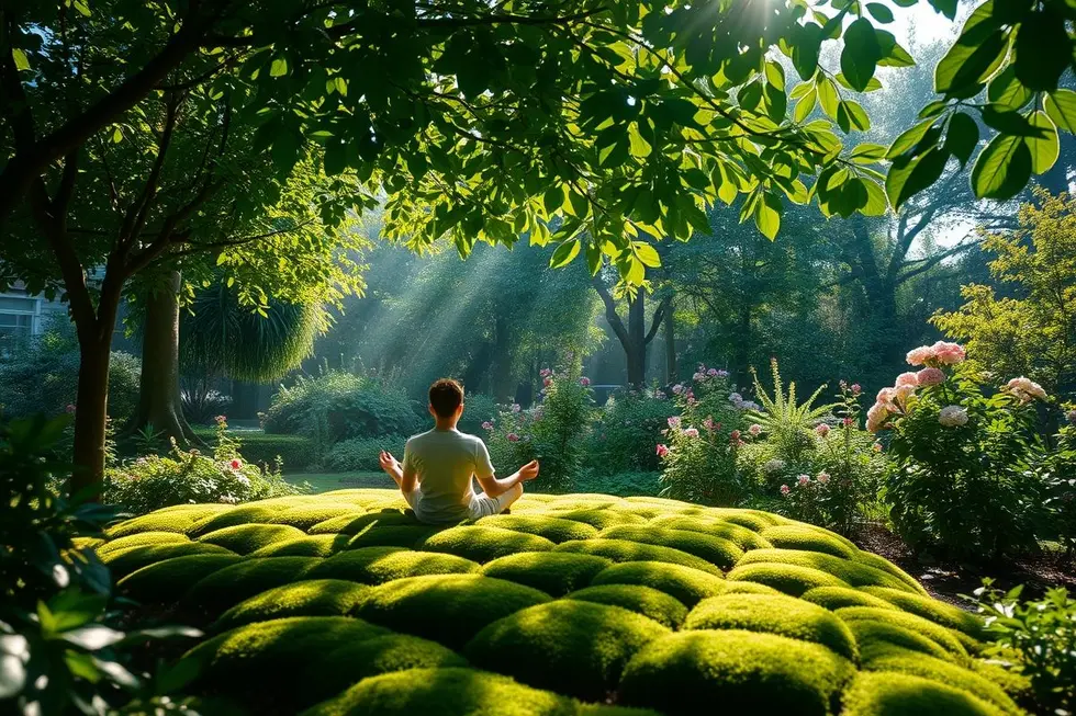 Pessoa meditando em um jardim tranquilo.
