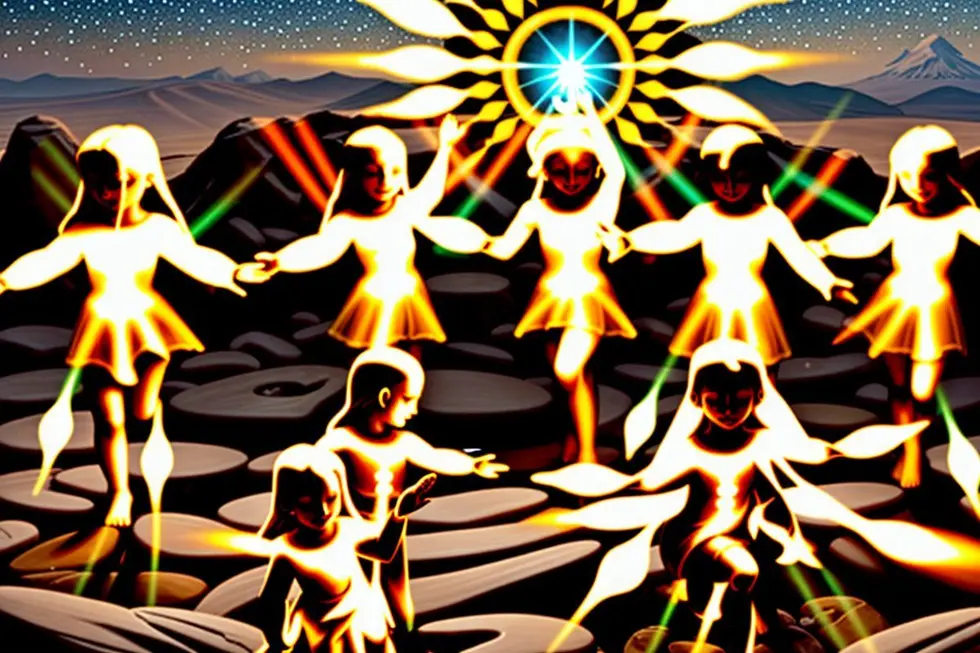 Luz brilhante envolvendo crianças e Erês, simbolizando proteção e alegria.