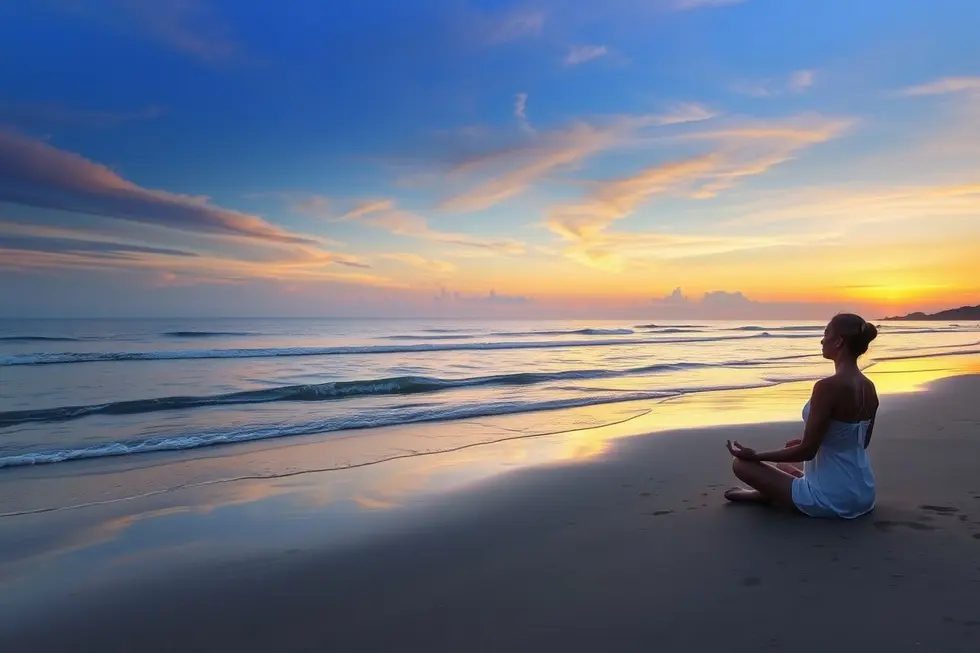 Pessoa meditando na praia ao pôr do sol.