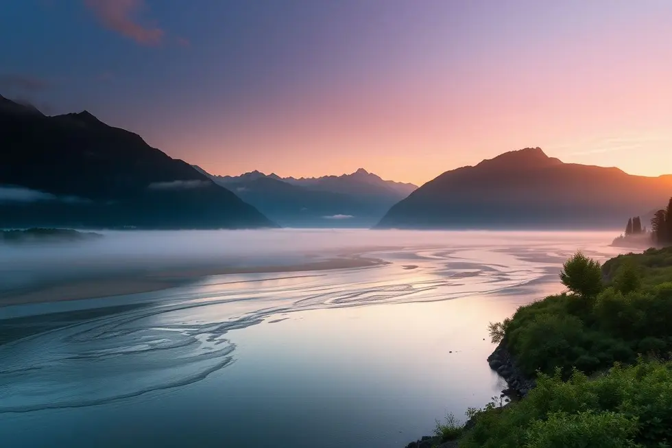 Paisagem serena com um rio e montanhas.