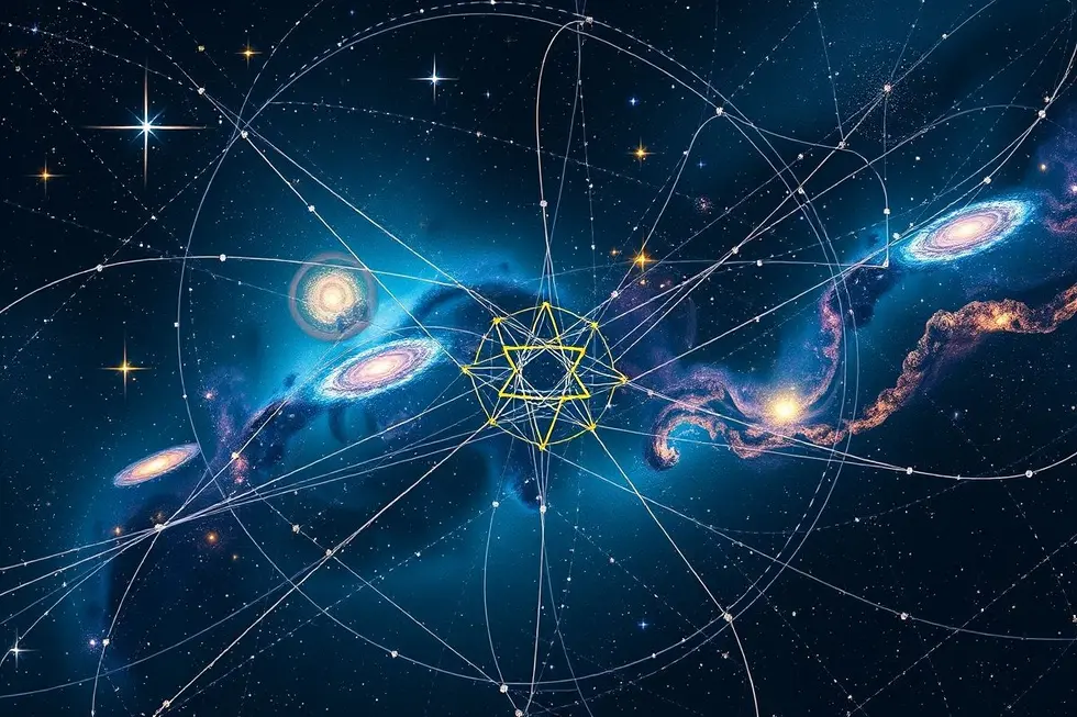 Cenário cósmico com estrelas e símbolos espirituais.