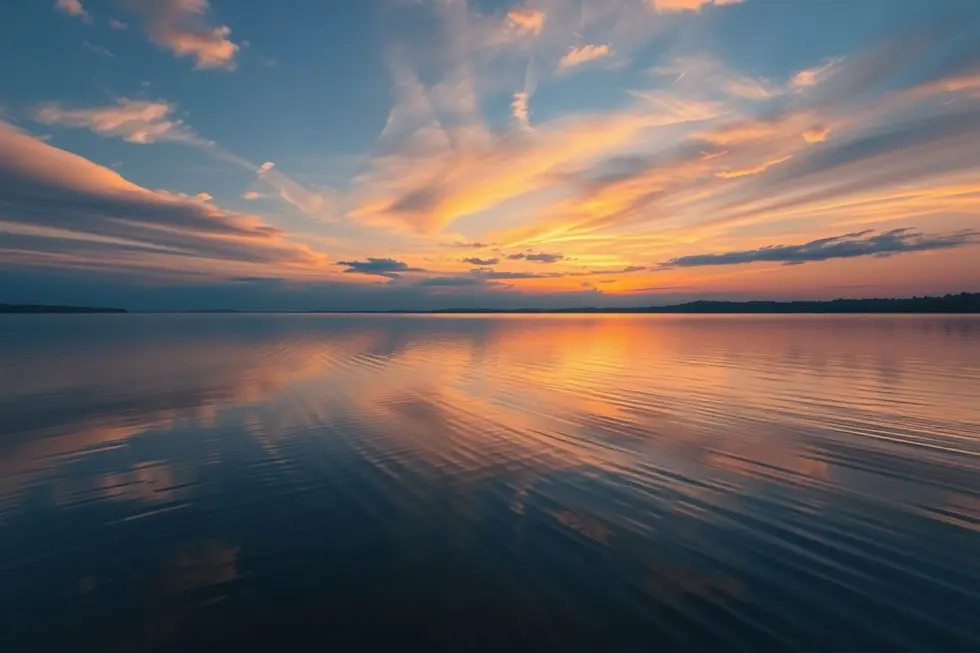 Pôr do sol sereno refletido em um lago calmo, simbolizando conexão espiritual.