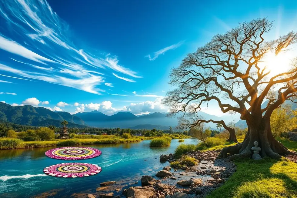 Paisagem harmoniosa com símbolos espirituais da Umbanda.
