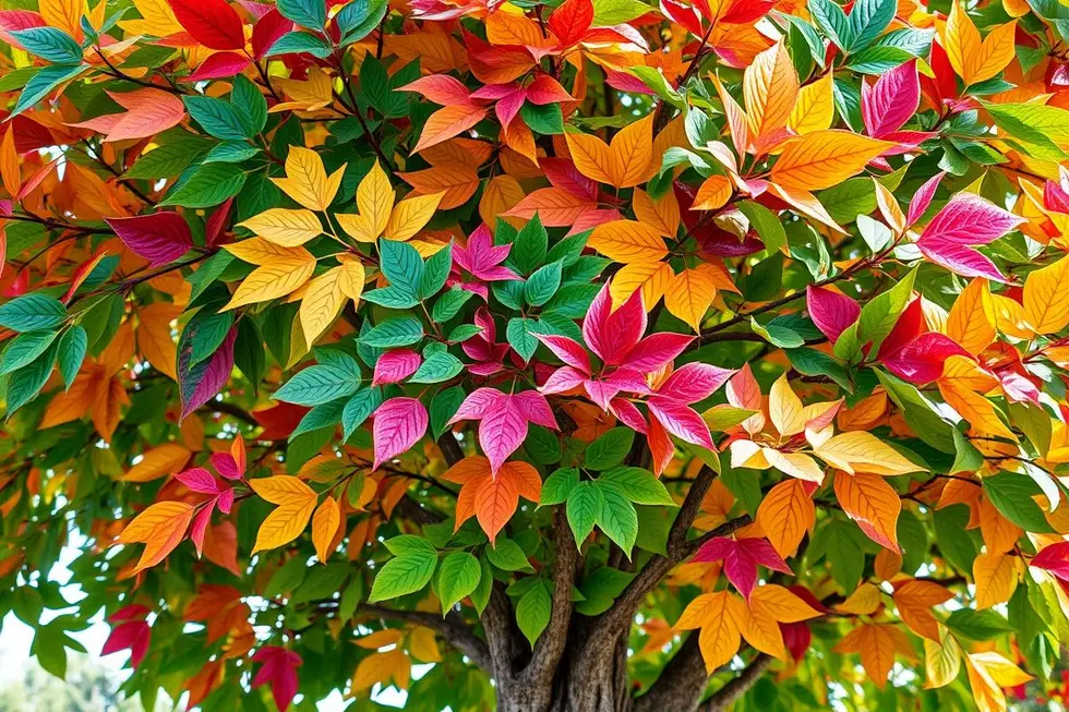Uma árvore vibrante com folhas coloridas, simbolizando o crescimento espiritual e a diversidade nas práticas.