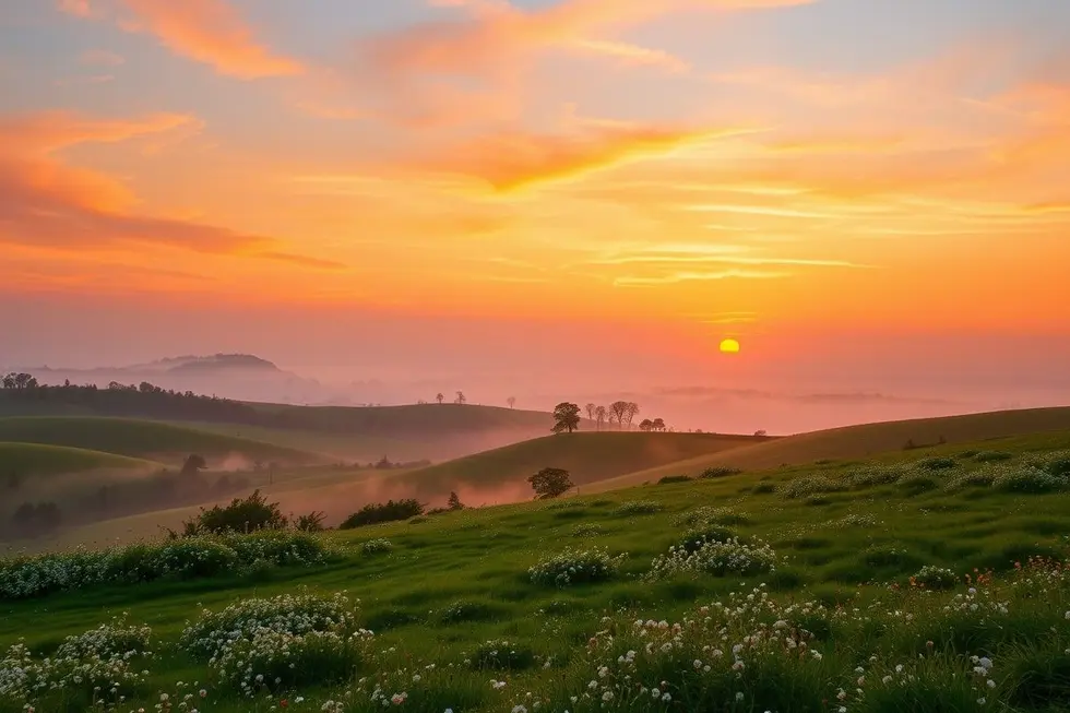 Um cenário de amanhecer vibrante que evoca sentimentos de alegria e novo começo.