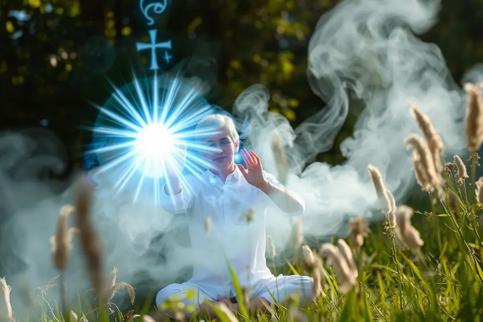 Pessoa realizando um ritual de limpeza energética rodeada de natureza.