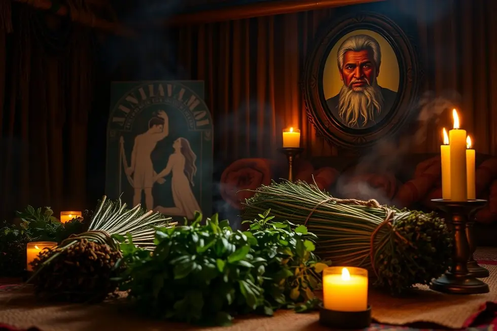 Imagem que destaca a erva Jurema em altar tradicional da Umbanda com retrato de Pai Adriano Camargo e velas acesas.