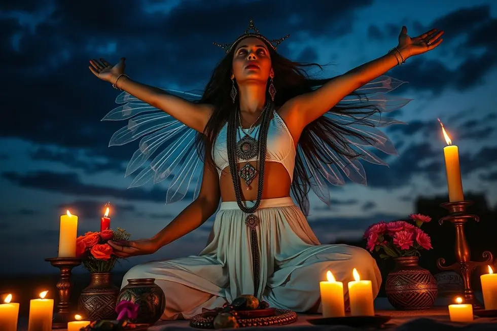 Mulher radiante com elementos tradicionais de Umbanda representando a energia de Pombagira em ambiente místico.