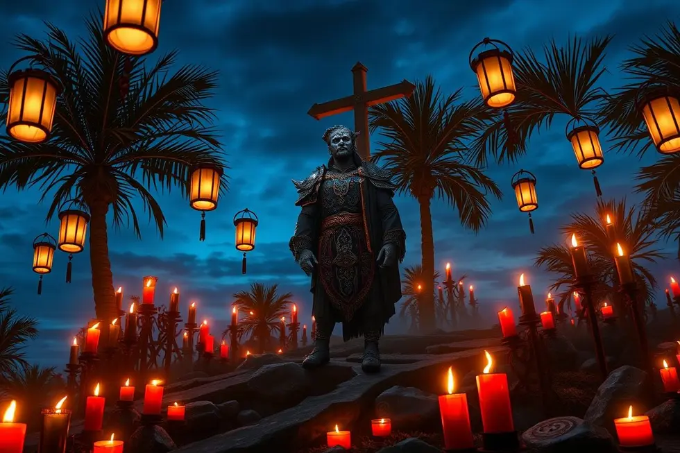 Cruzamento espiritual com velas vermelhas e pretas acesas e estátua de Exu, representando abertura de caminhos e força espiritual.