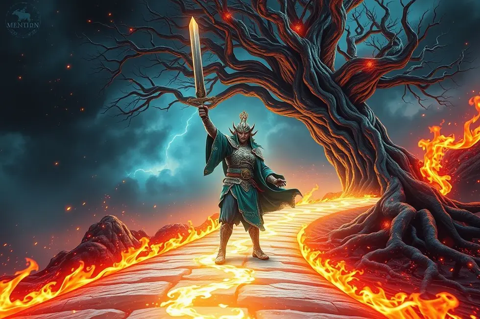 Ogum representado no centro de uma estrada iluminada, empunhando uma espada, simbolizando sua proteção e força na Umbanda.