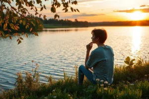 Imagem de uma pessoa sentada contemplando um lago ao pôr do sol representando curas emocional e espiritual.